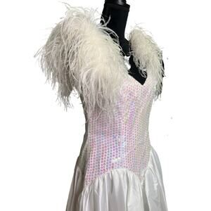 Vintage 1980s White Aurora Borealis Sequin Deadstock Dress Marabou Feathers Med